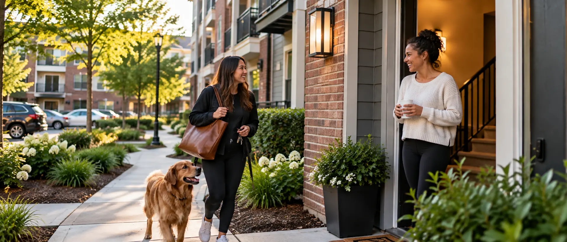 A resident arriving home with her dog, greeted by a neighbor at the doorway of her apartment building