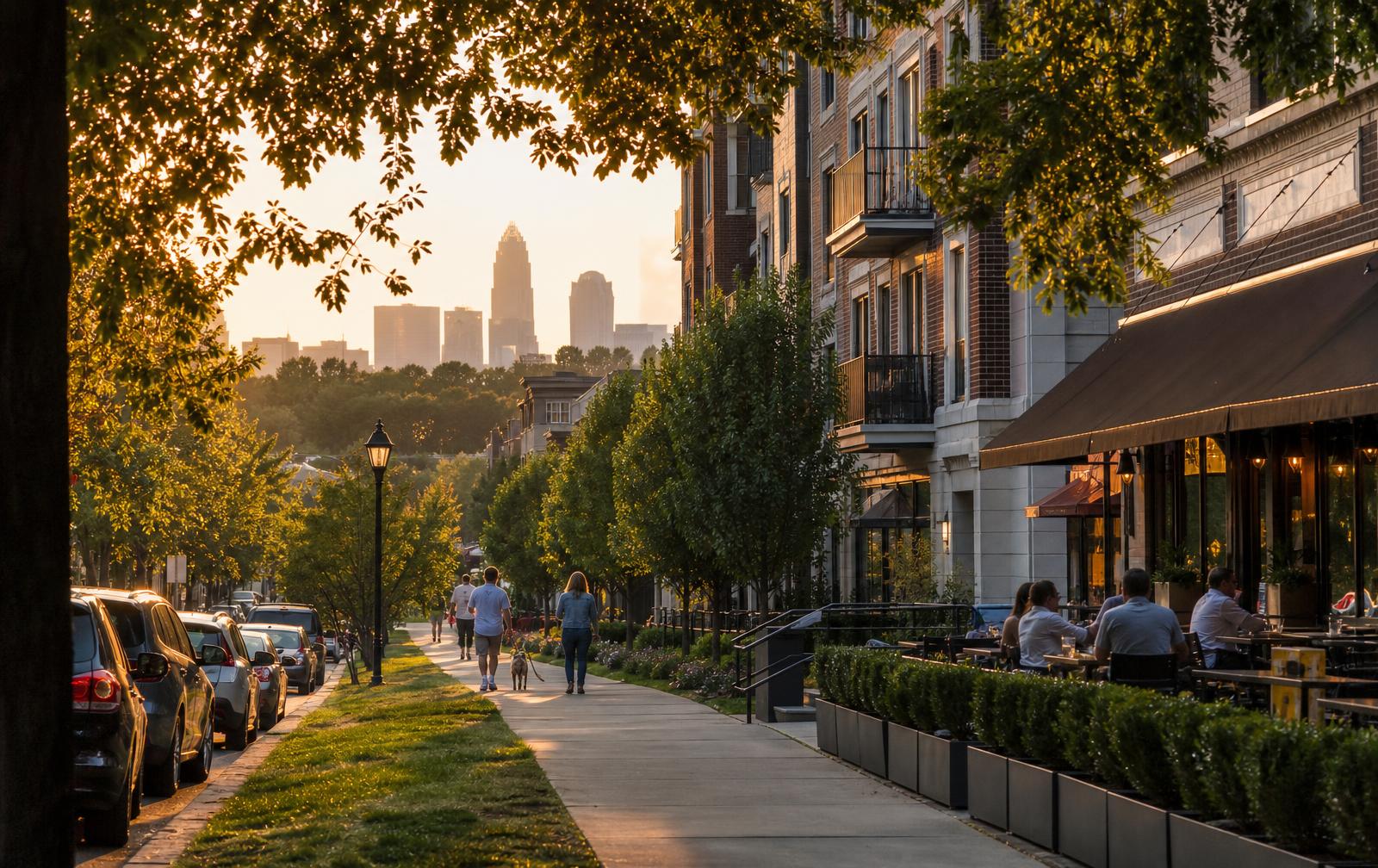 Two people walking and talking along a tree-lined Charlotte rail-trail with the skyline behind them.