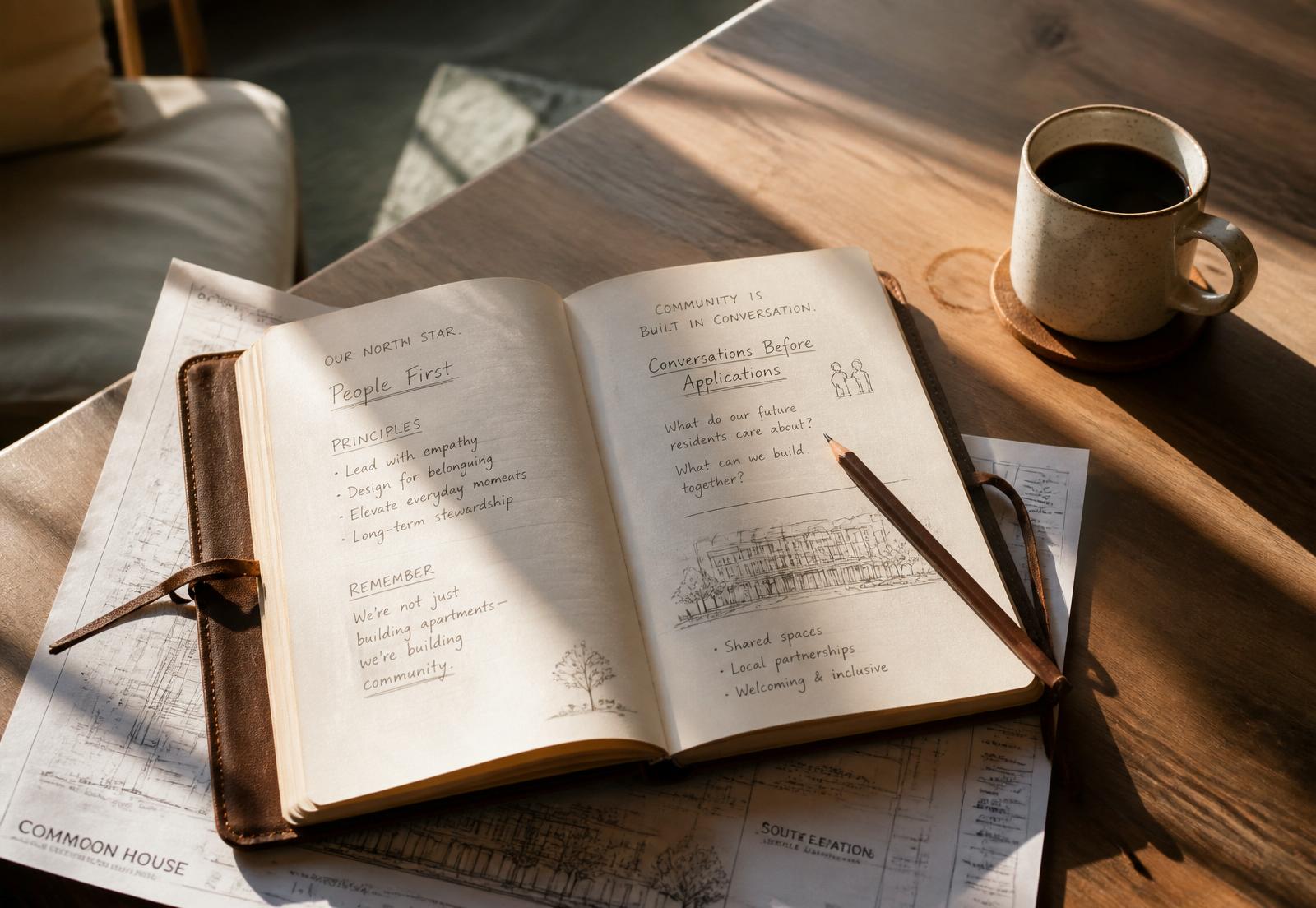 A well-worn notebook filled with sketches and handwritten notes — the notebook that has followed the NeighborLink build.