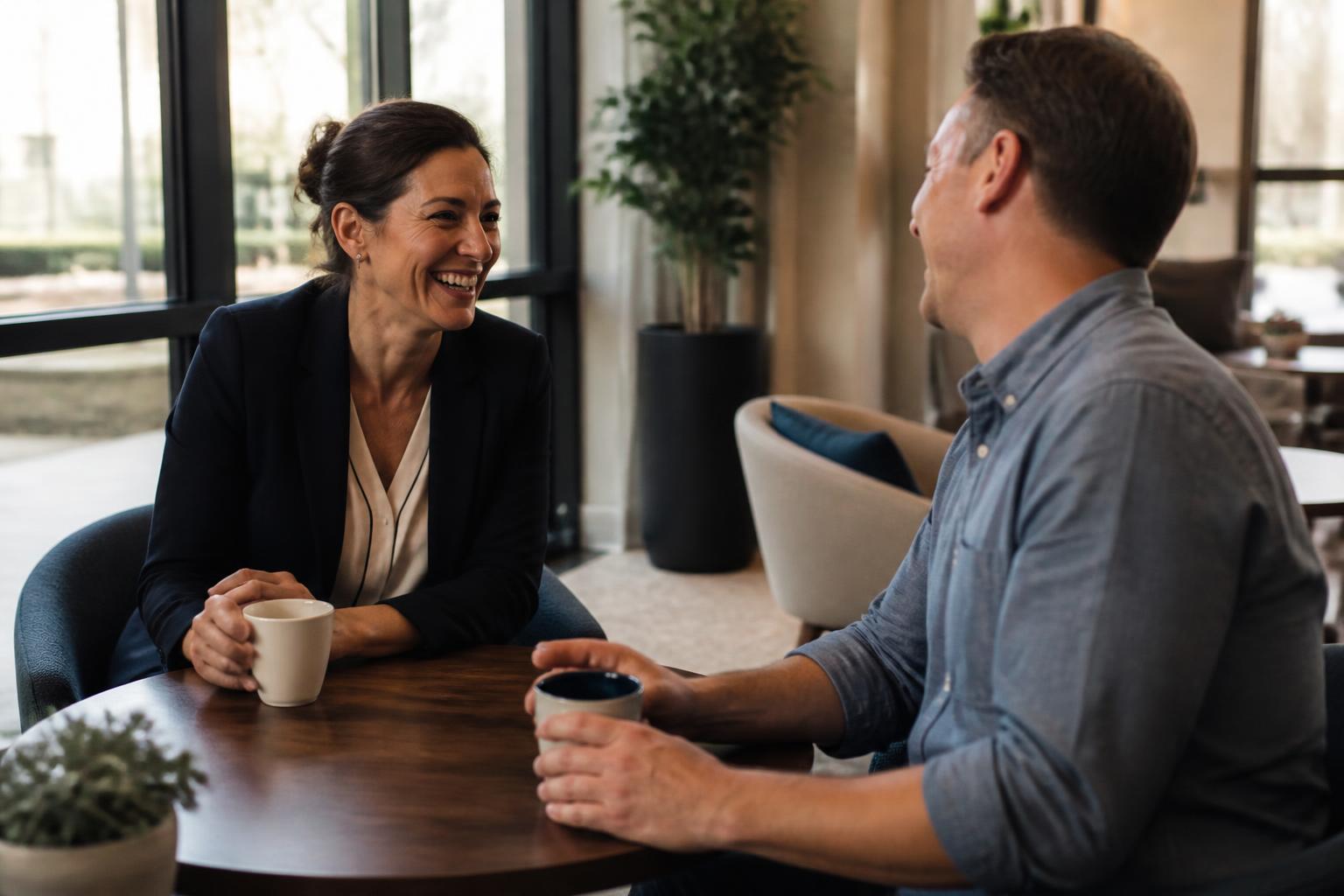 A leasing professional and a resident talking over coffee in a sunlit clubhouse before the office opens.