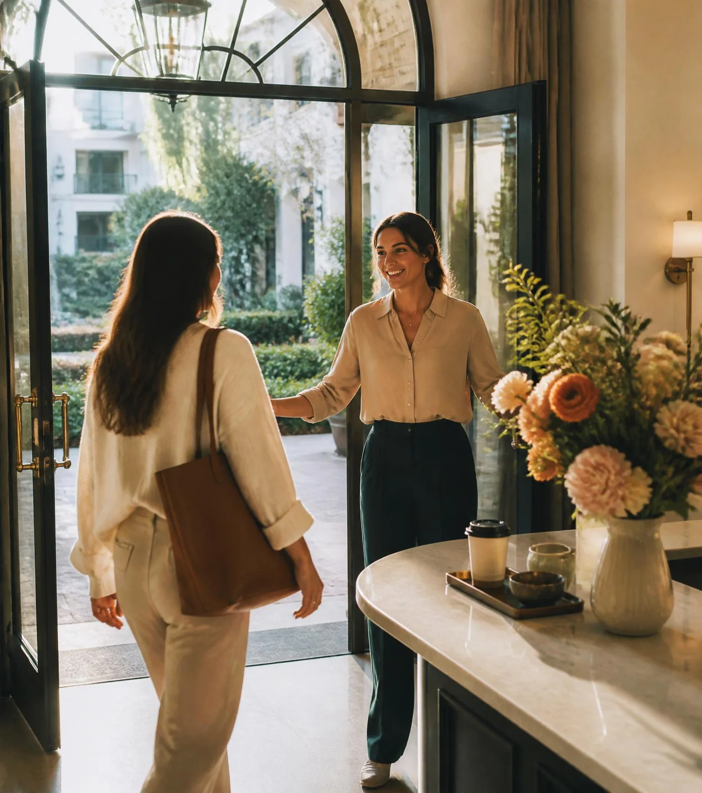 Cover of The Market Note, Issue No. 008: a host opening the door of a light-filled leasing lobby to a guest