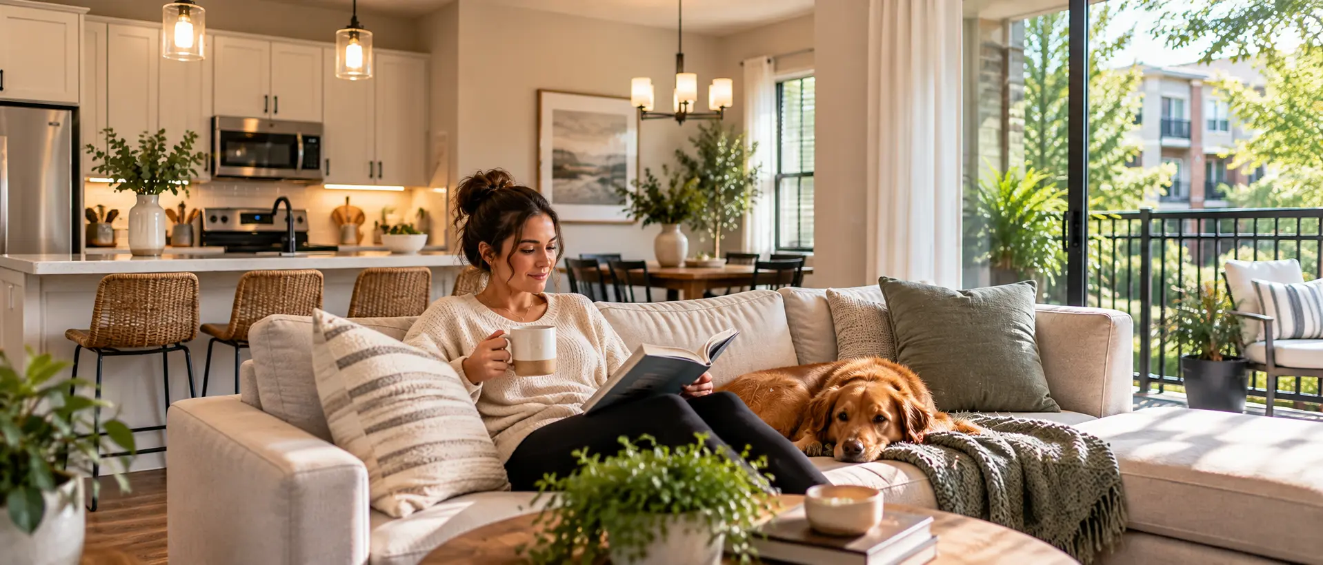 A resident reading with a cup of coffee on her sofa at home, her dog resting beside her