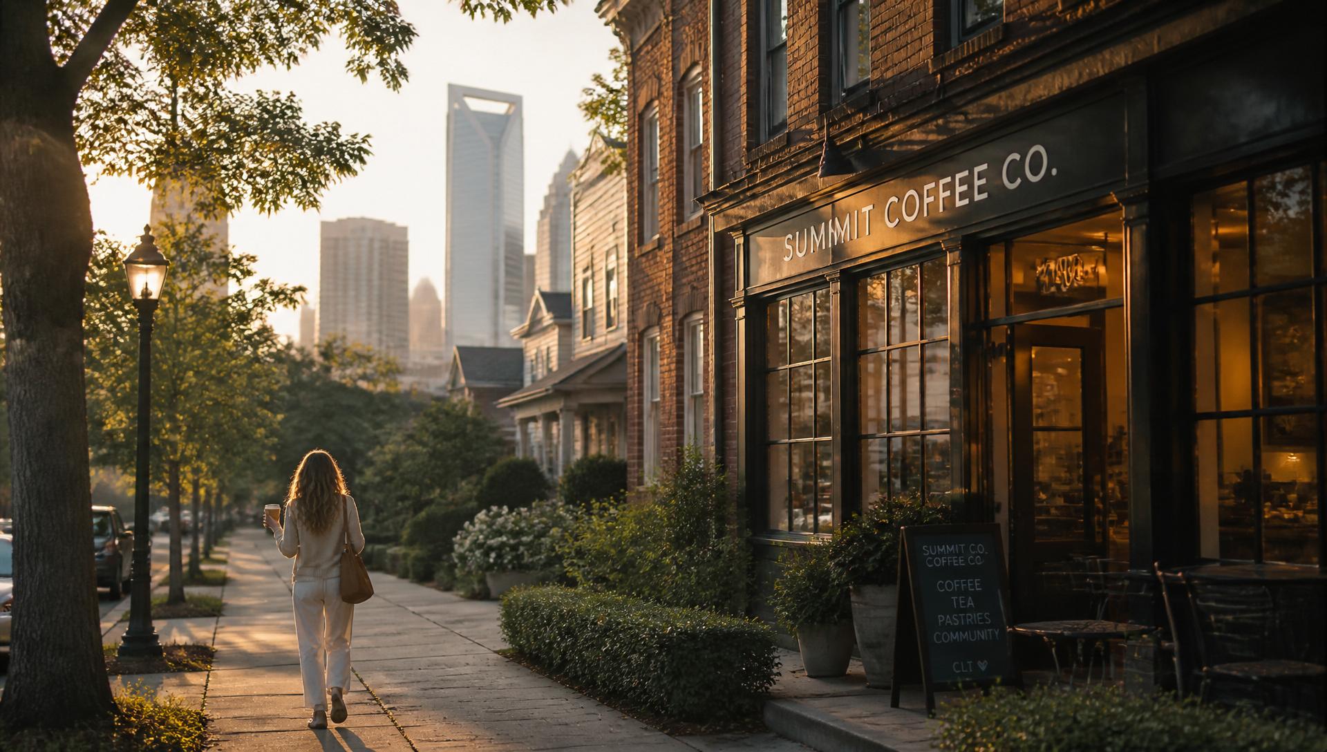 A resident walking along a tree-lined sidewalk past a warm, independent coffee shop during golden hour, with the Charlotte skyline softly visible in the distance.