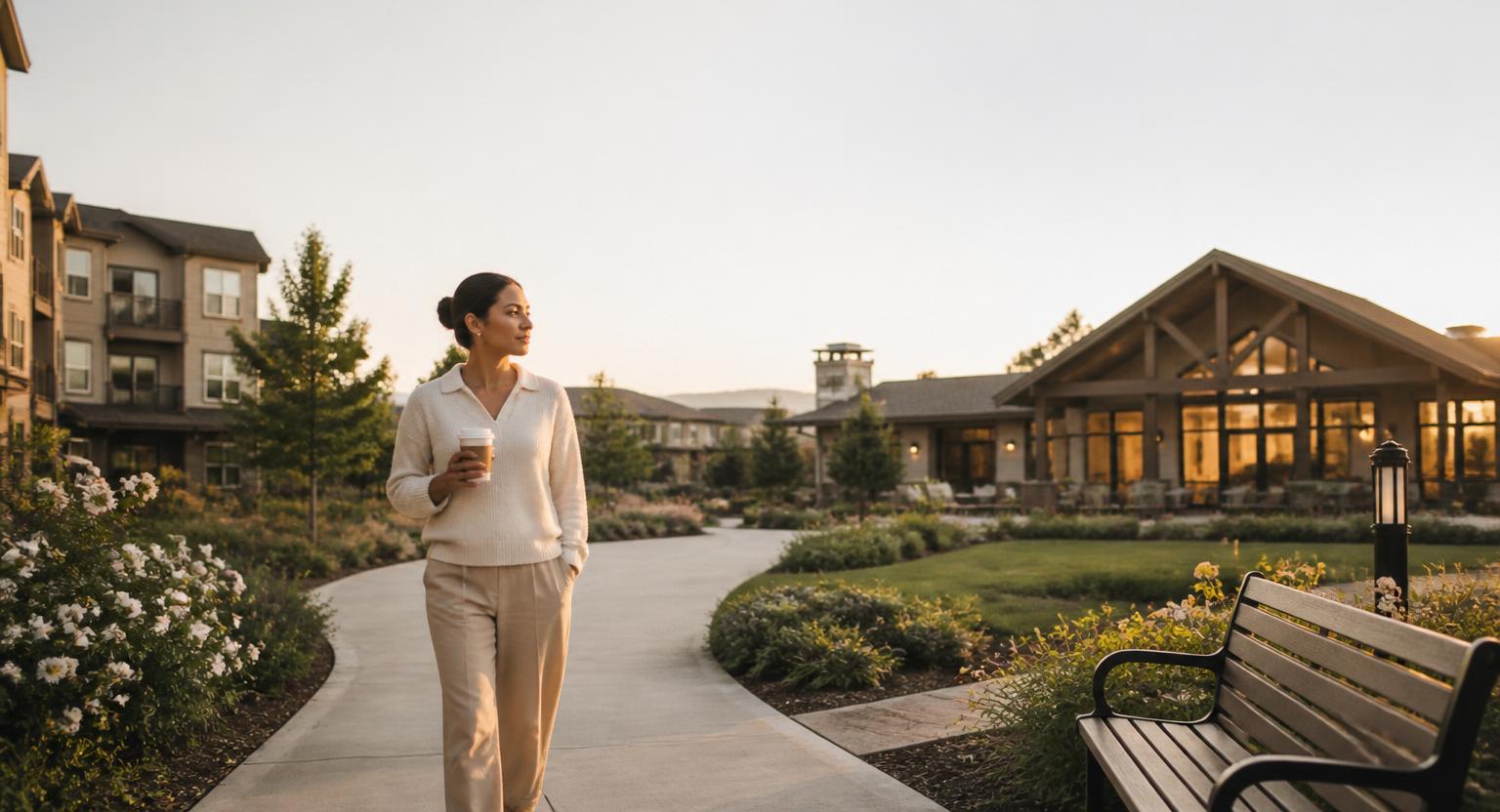 A community manager walks quietly along a curved sidewalk through a beautifully landscaped apartment community at sunrise, holding a coffee, taking in the entrance, the flowers, and the softly glowing clubhouse.