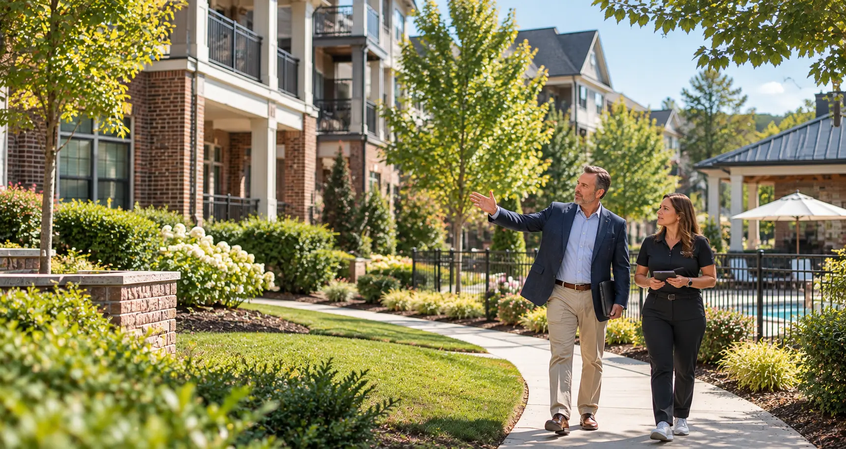 Two experienced operators walking an apartment community and evaluating the property