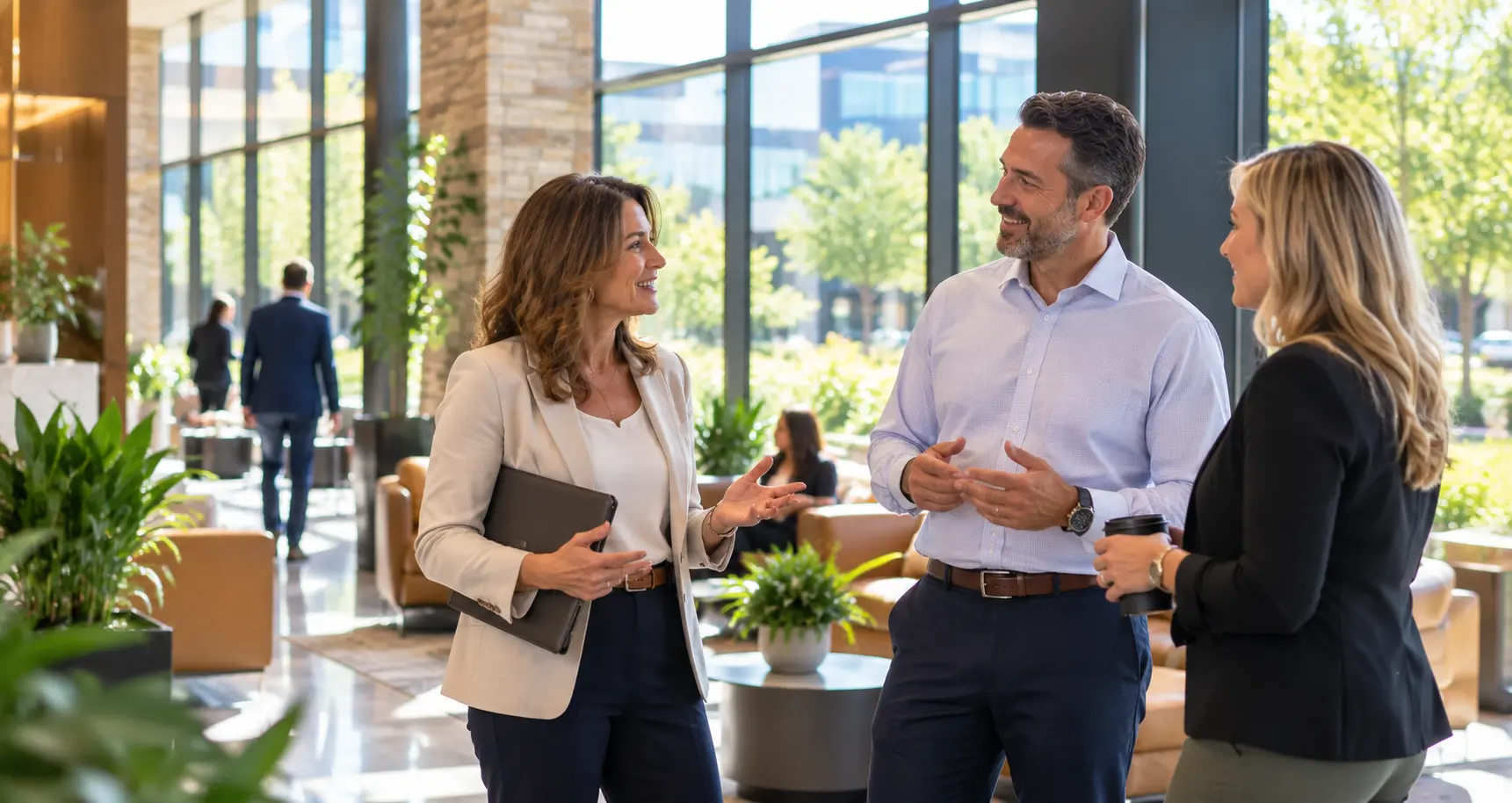 Three professionals in conversation in a bright corporate office lobby