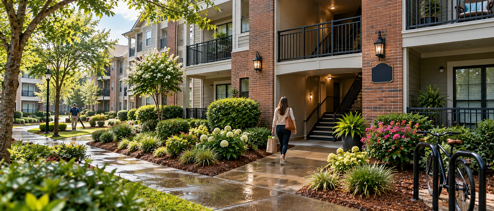 A well-kept apartment walkway after rain — landscaping, lit entries and a resident heading home while grounds staff work nearby