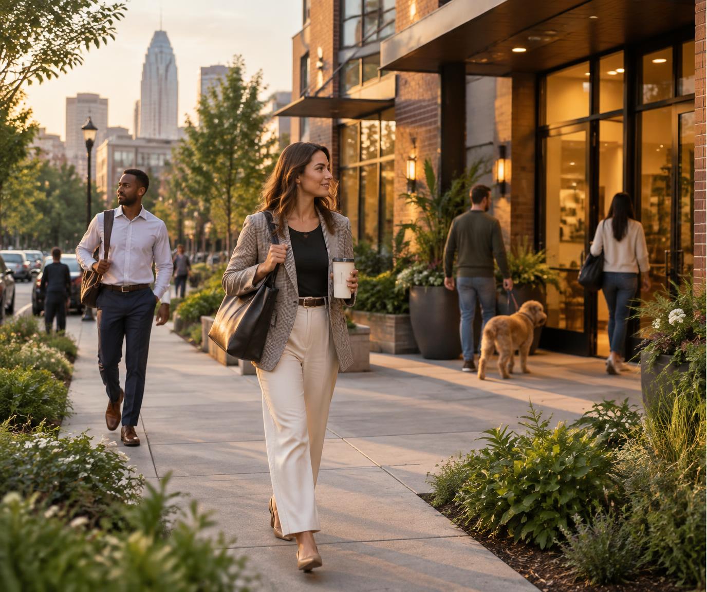 Charlotte professionals leaving work and arriving home in a mixed-use apartment neighborhood