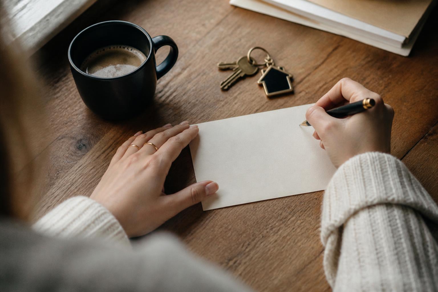 Hands writing a handwritten welcome card in ink beside a coffee mug and a set of apartment keys.