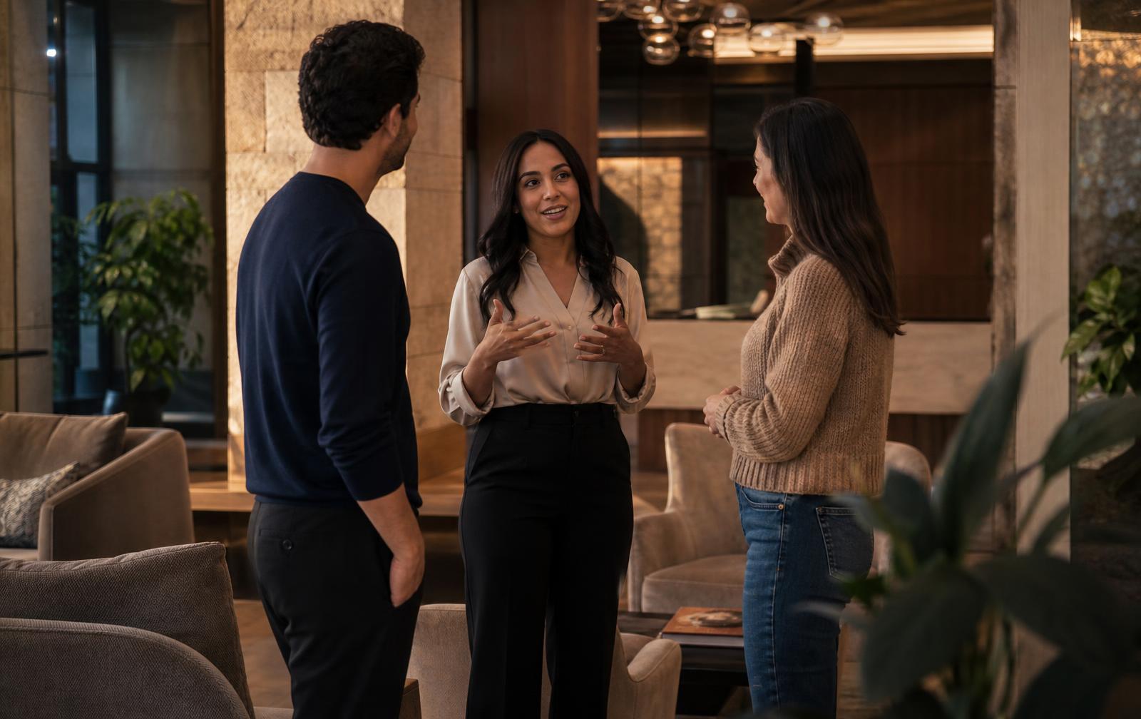 A leasing professional walking a young couple out to their car at golden hour, still mid-conversation.