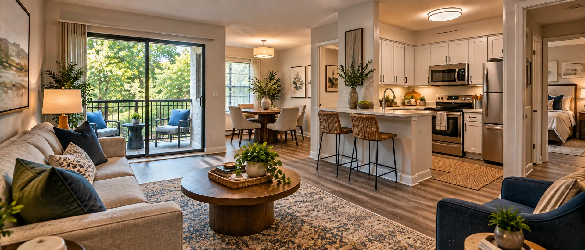 An established apartment home with an updated kitchen, living and dining areas, and a tree-facing balcony