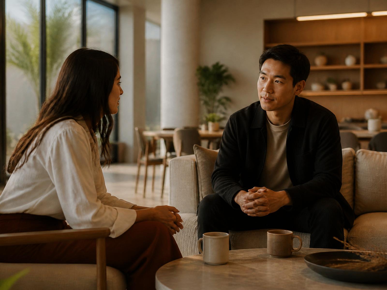 A leasing consultant and a prospective resident sitting in quiet conversation over coffee in a warmly lit clubhouse.