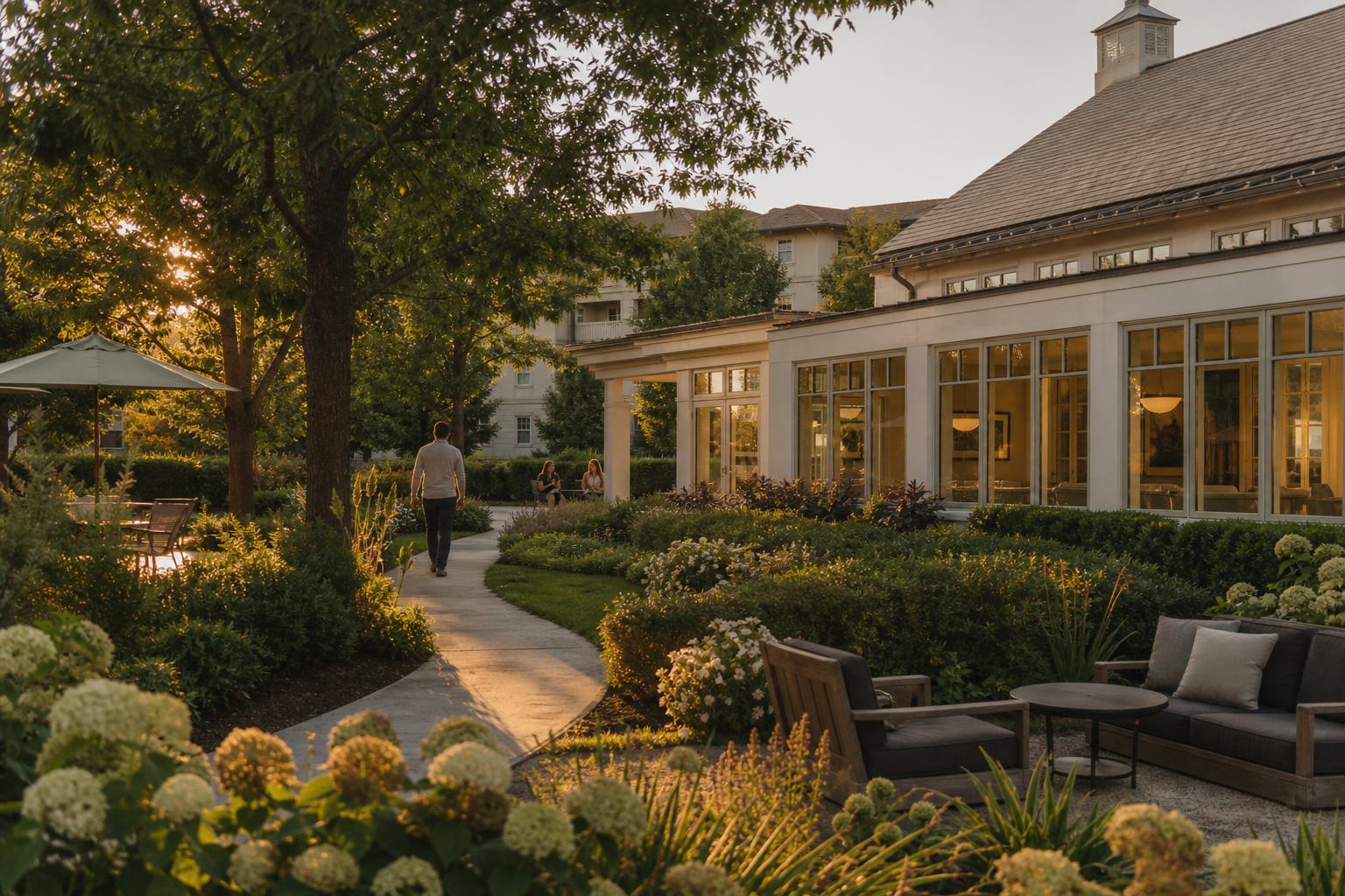 A beautifully landscaped clubhouse at golden hour, with warm light spilling from the windows, lush gardens, and a resident walking along a curved path — a place that feels like partnership, pride, and welcome.