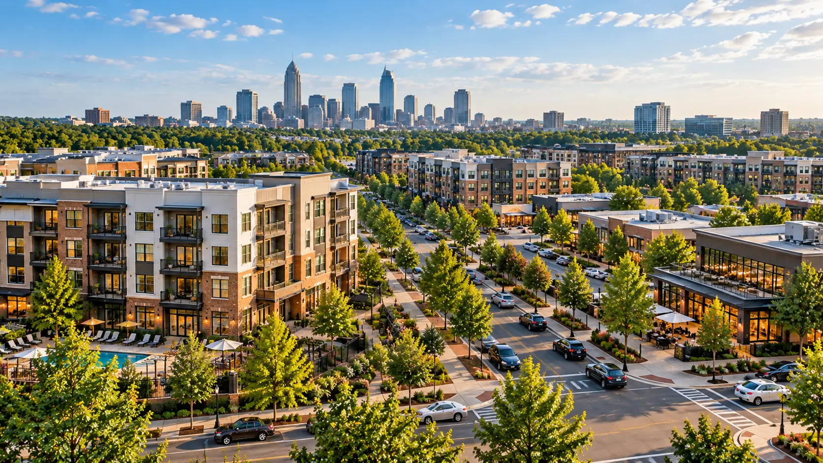 Apartment communities and neighborhood streets extending toward the Charlotte skyline, from one property to a larger network