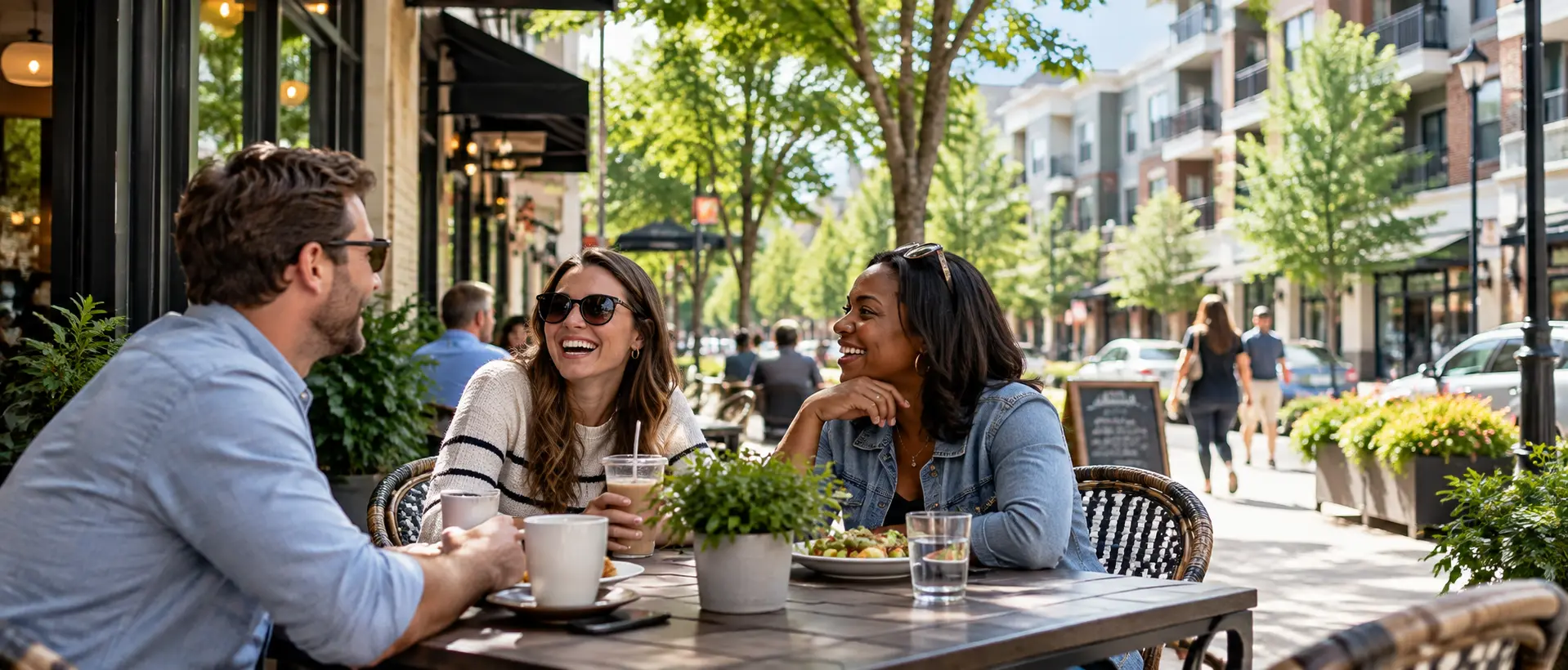 Friends laughing together at a sidewalk café on a tree-lined neighborhood street