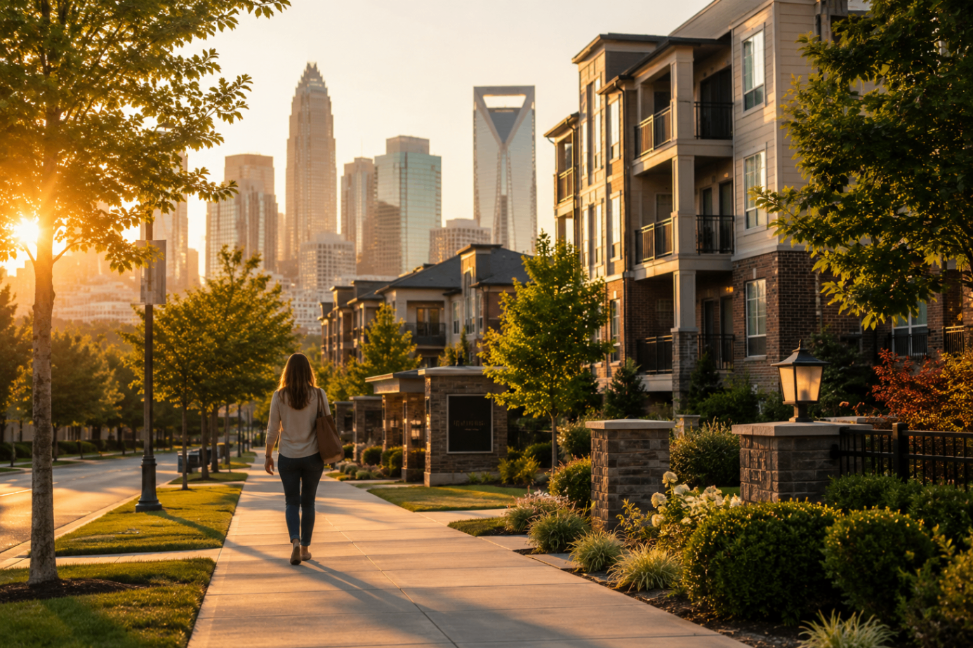 A resident walks a tree-lined Charlotte sidewalk toward the uptown skyline at golden hour.