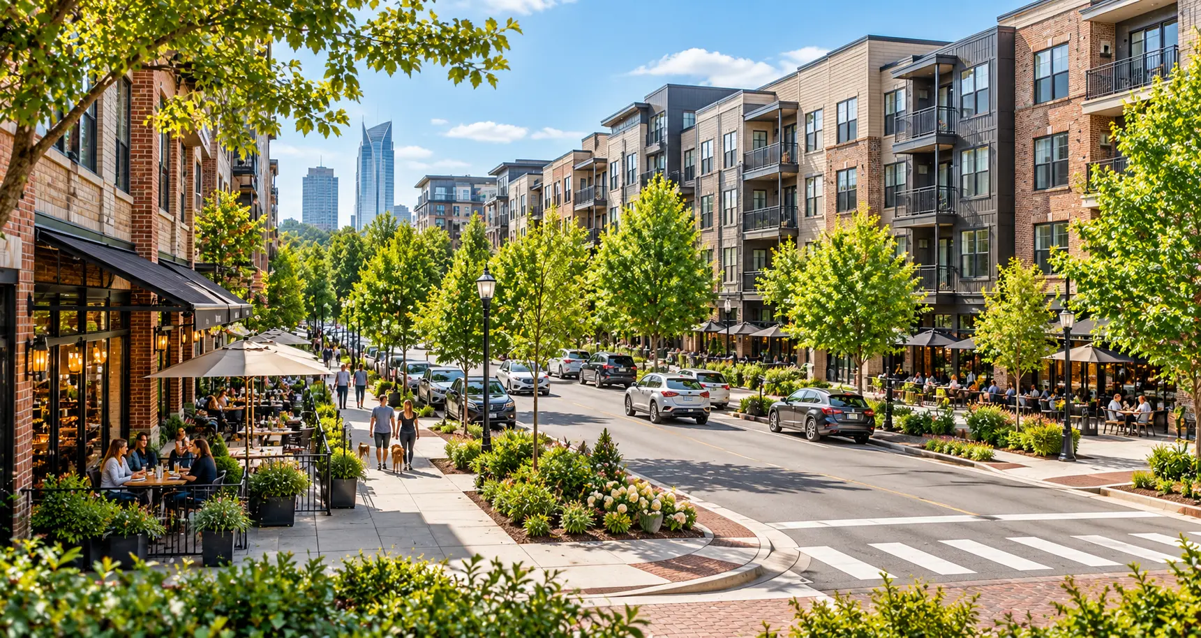 A walkable neighborhood street where local cafés and shops sit beside apartment buildings