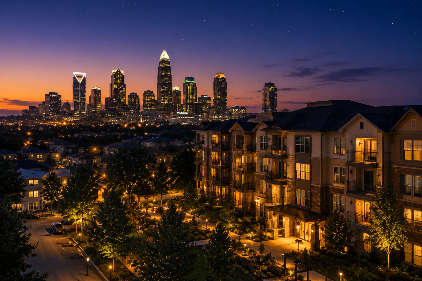 The Charlotte skyline glows above an illuminated apartment community at night.
