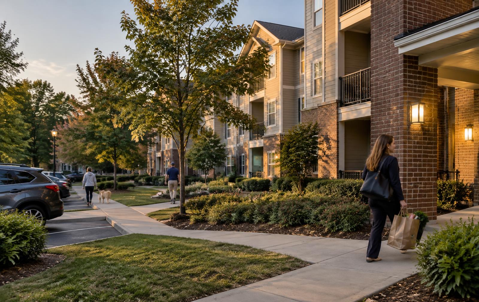 Residents coming home at early evening in a Charlotte apartment community as exterior lights begin to glow