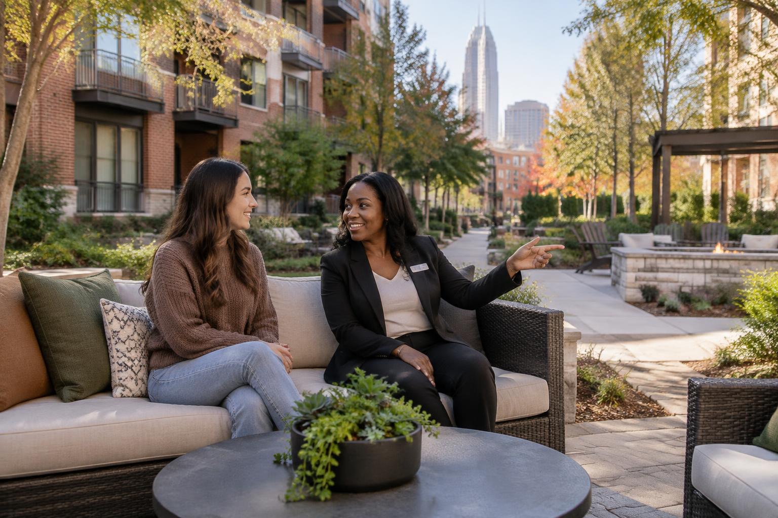 A prospective renter and onsite professional continuing their conversation in a Charlotte apartment community courtyard