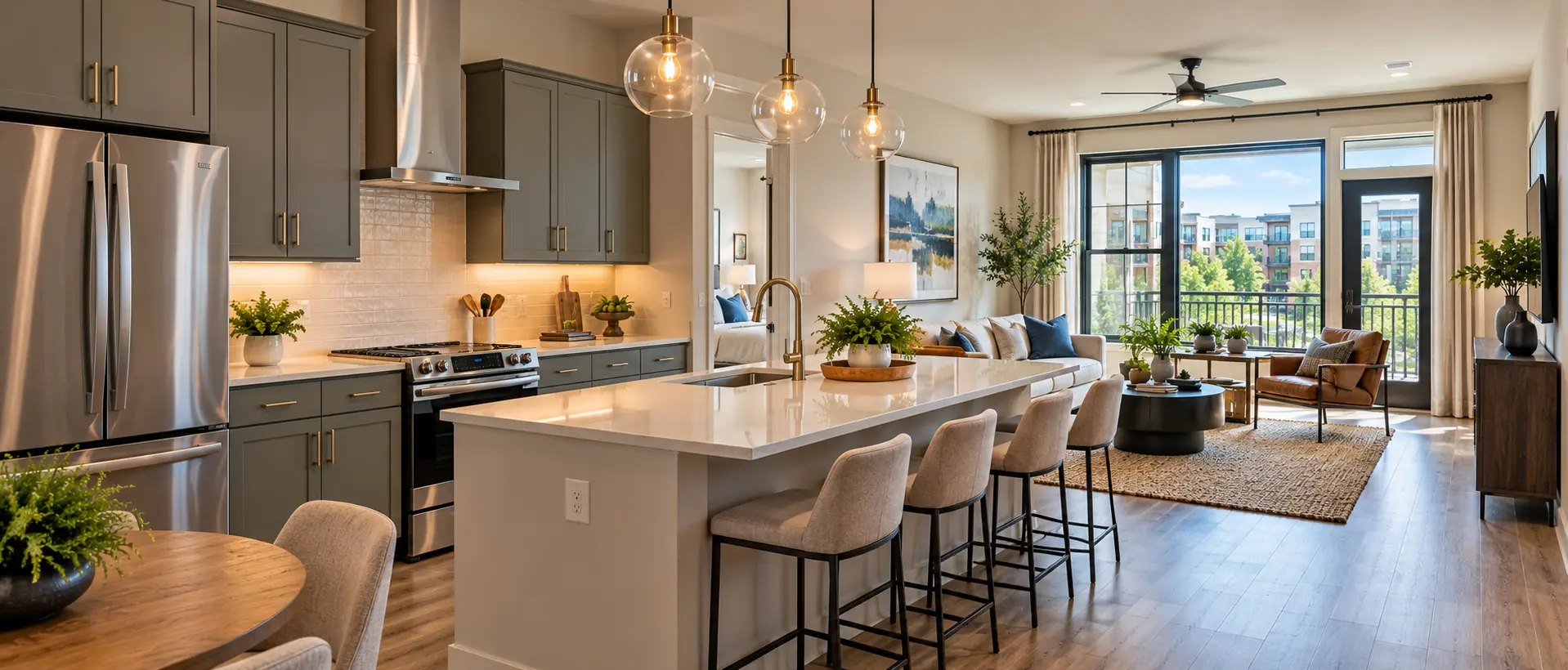 A modern apartment home with a kitchen island opening to the living area and daylight windows