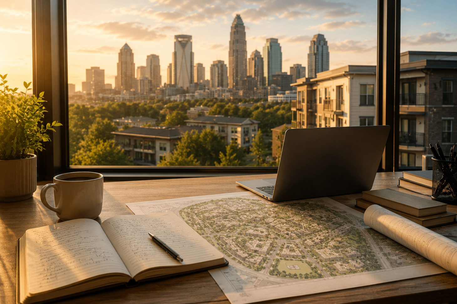 An open journal, laptop, and coffee on a desk by a window overlooking the Charlotte skyline.