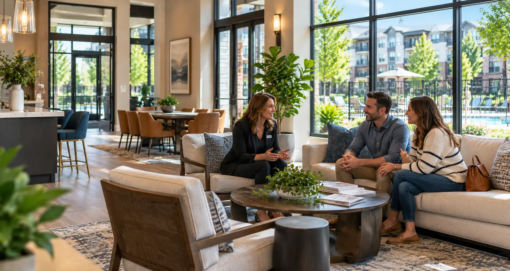 A leasing professional in conversation with a couple in a bright leasing lounge