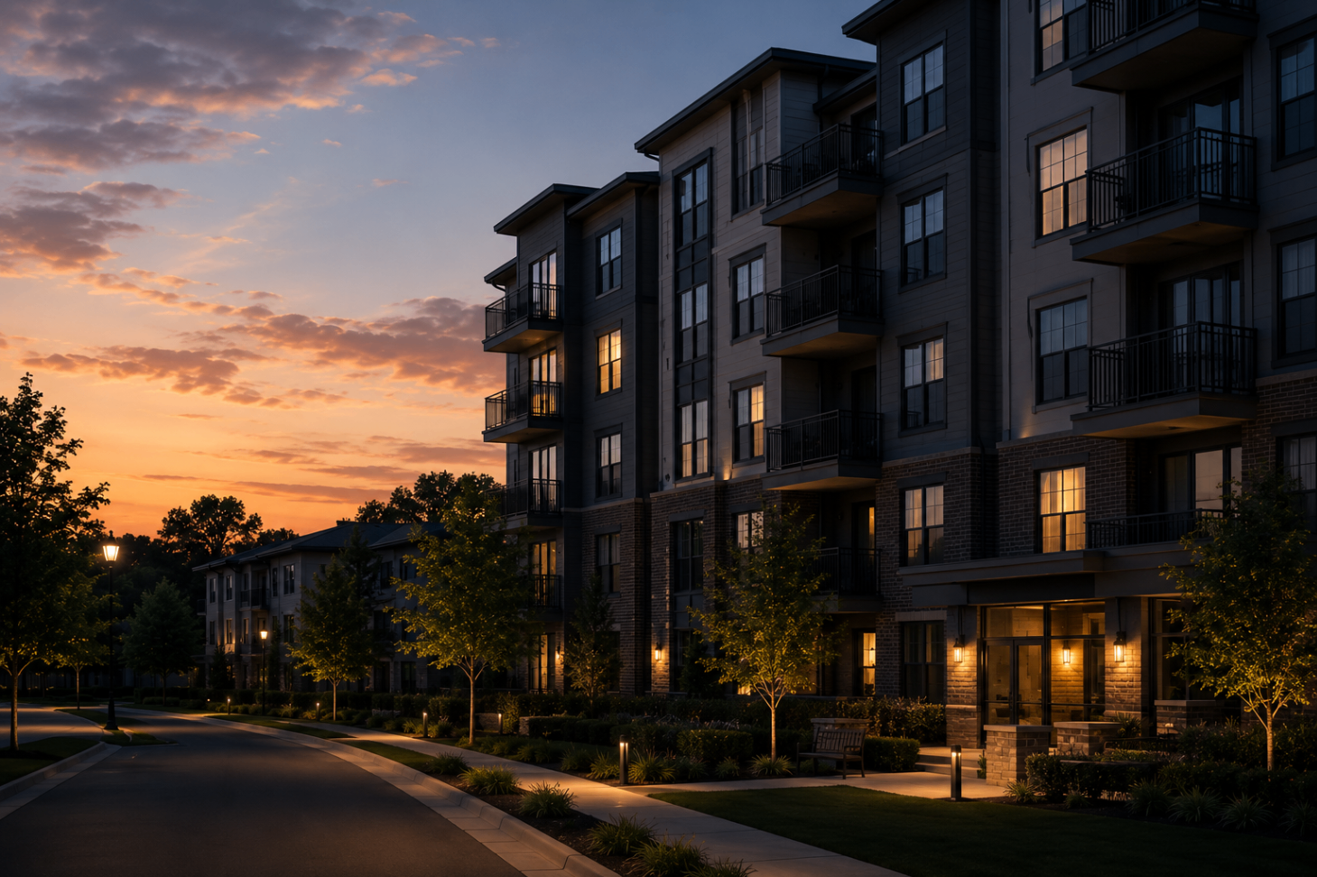 A Charlotte apartment community at dusk, the sky in soft color and warm light in the windows.