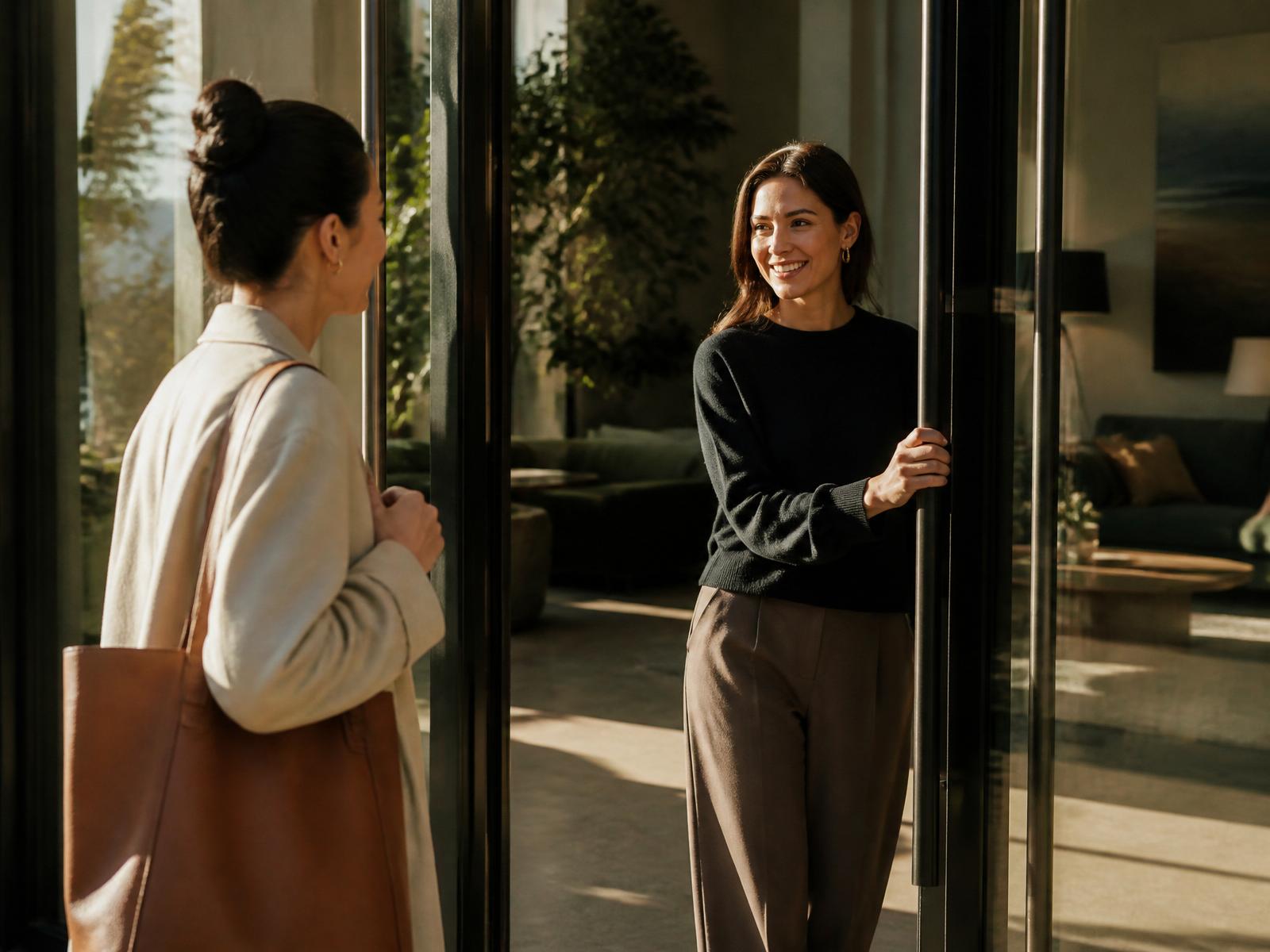 A leasing professional holding the clubhouse door open for a prospective resident arriving in warm morning light.