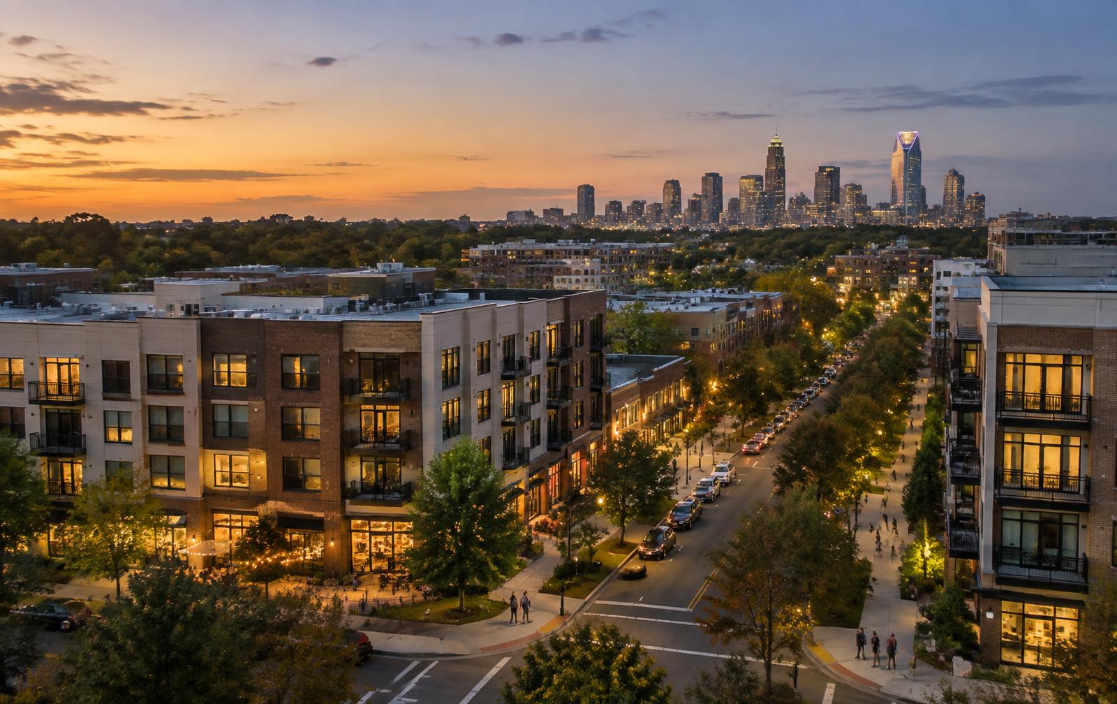 Early-evening view of a walkable Charlotte apartment neighborhood with the uptown skyline in the distance