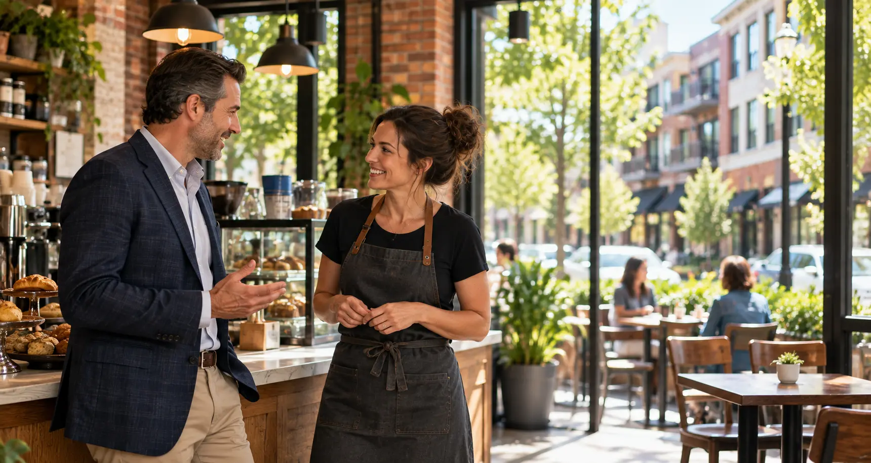 A CAG representative in conversation with a neighborhood café owner, with the street and patio visible beyond