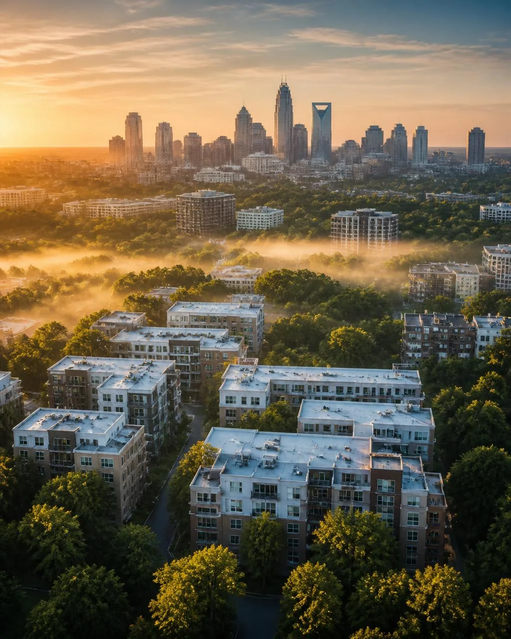 Cover of The Market Note, Issue No. 007: sunrise over Charlotte's skyline and tree-lined apartment neighborhoods