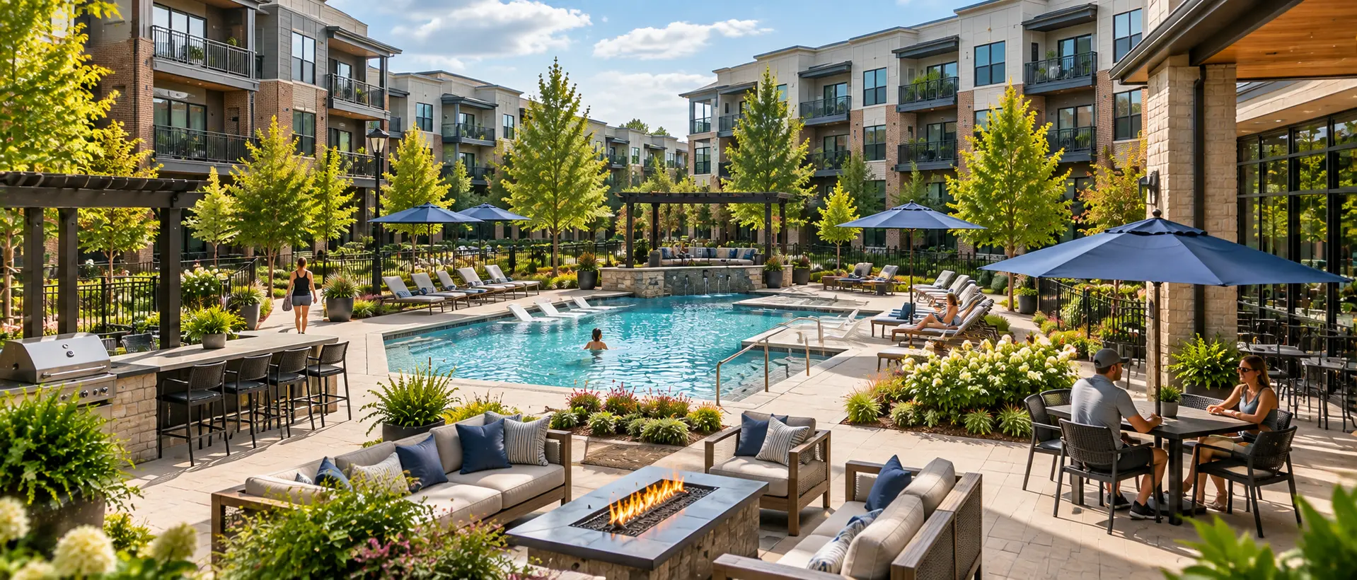 A landscaped pool courtyard framed by apartment buildings, with gathering spaces and residents enjoying the community