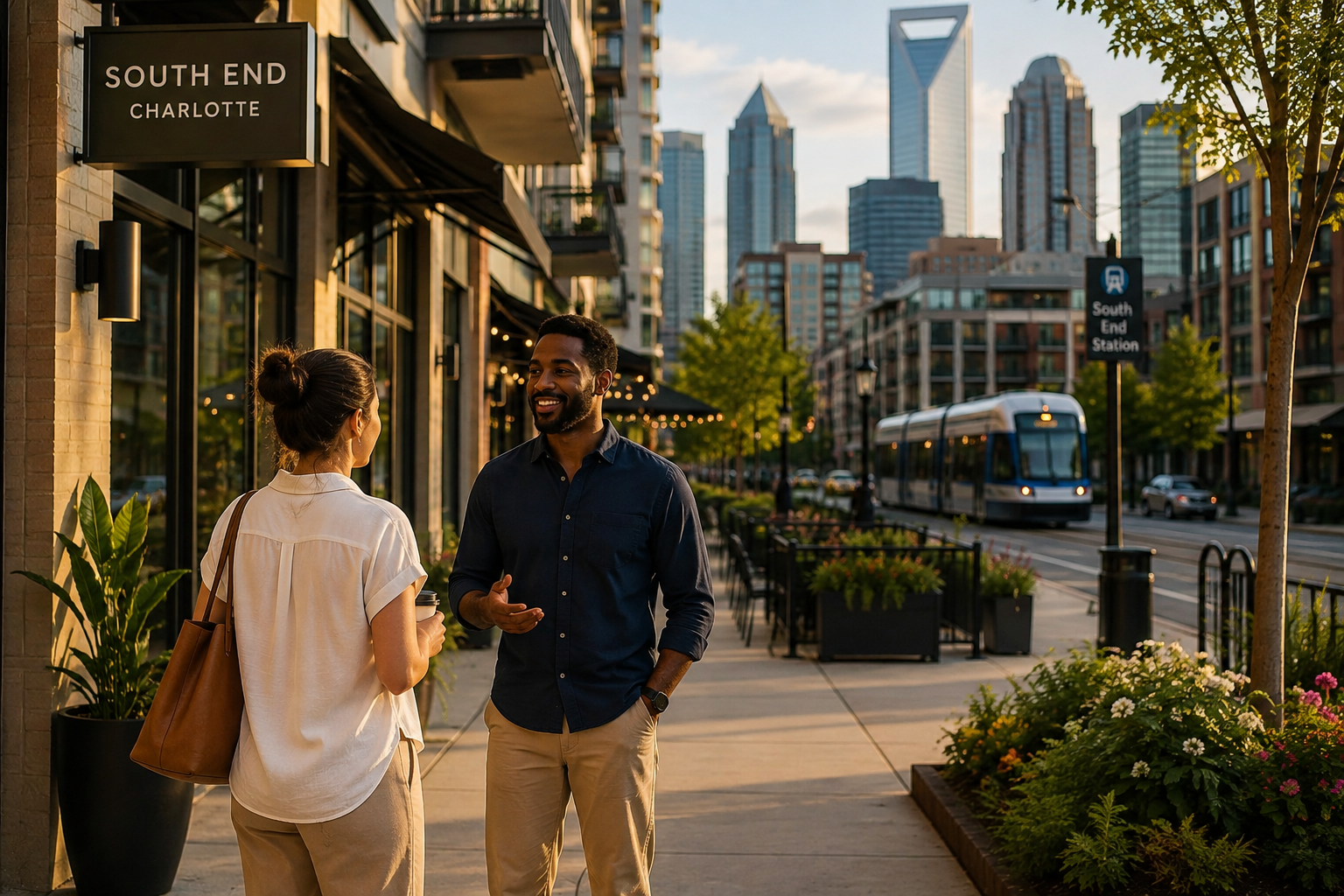 Two people talking on a South End Charlotte sidewalk, with the light rail and Charlotte skyline behind them.