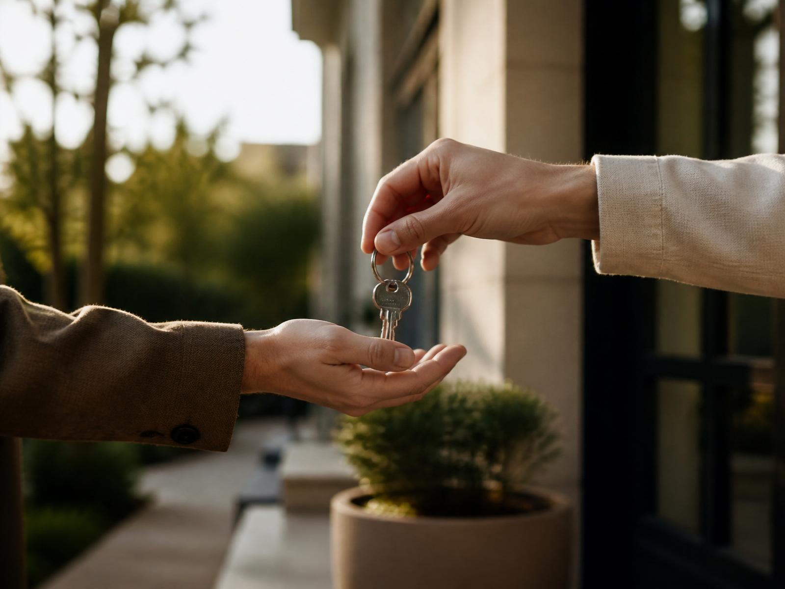 Two hands exchanging a set of keys on the front porch of an apartment community in warm afternoon light.