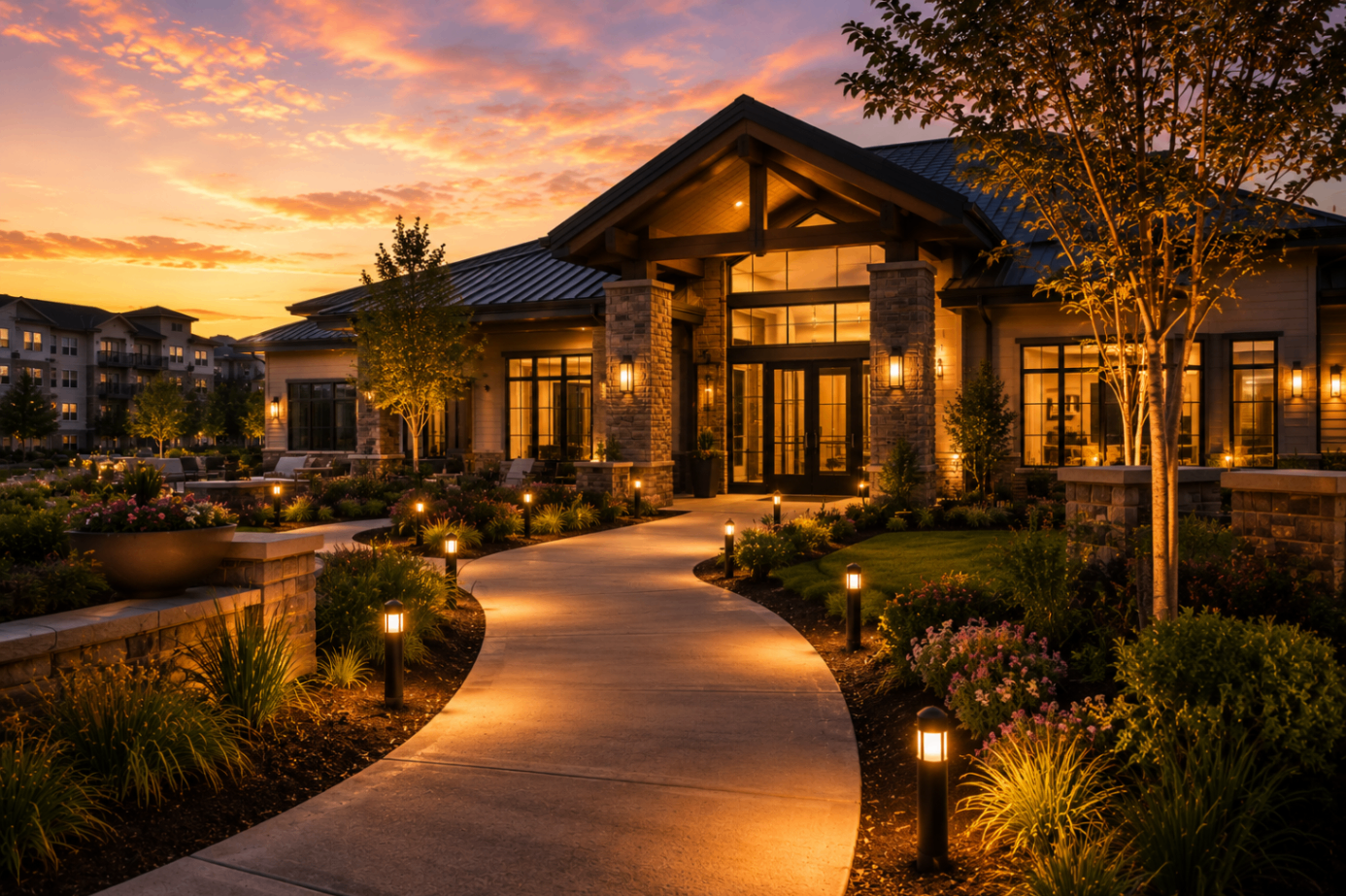 A stone clubhouse entrance and softly lantern-lit path at sunset in a Charlotte community.