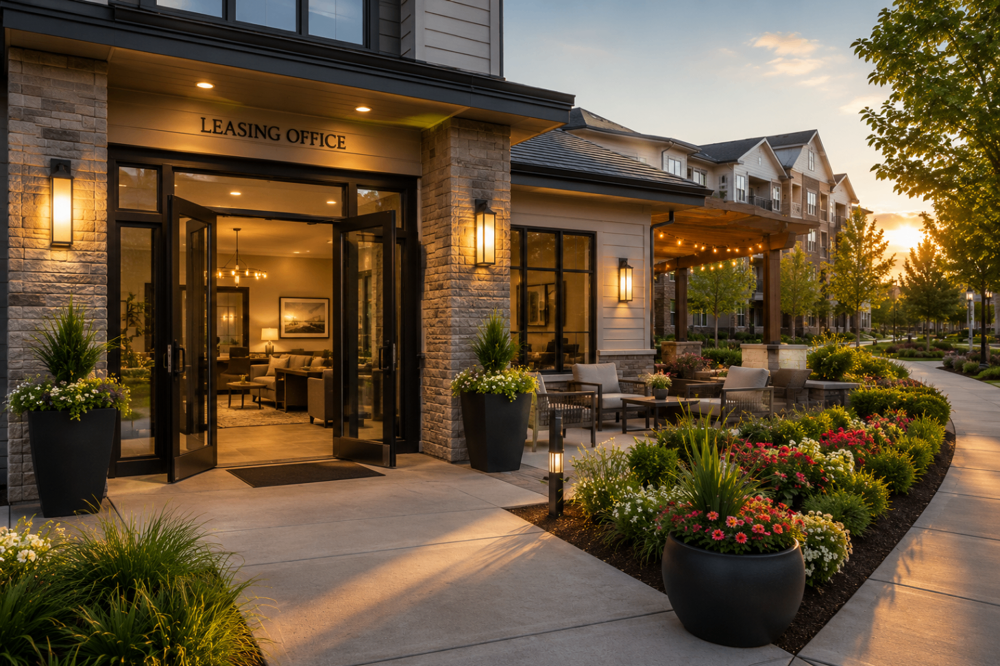 A welcoming leasing office entrance framed by lanterns and flowers at golden hour.
