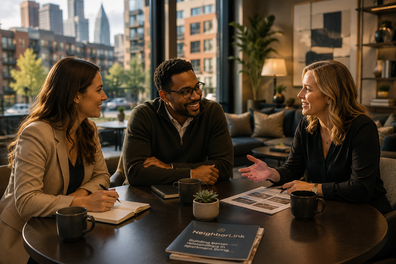 Three people in warm conversation around a café table, with the Charlotte skyline through the window behind them.