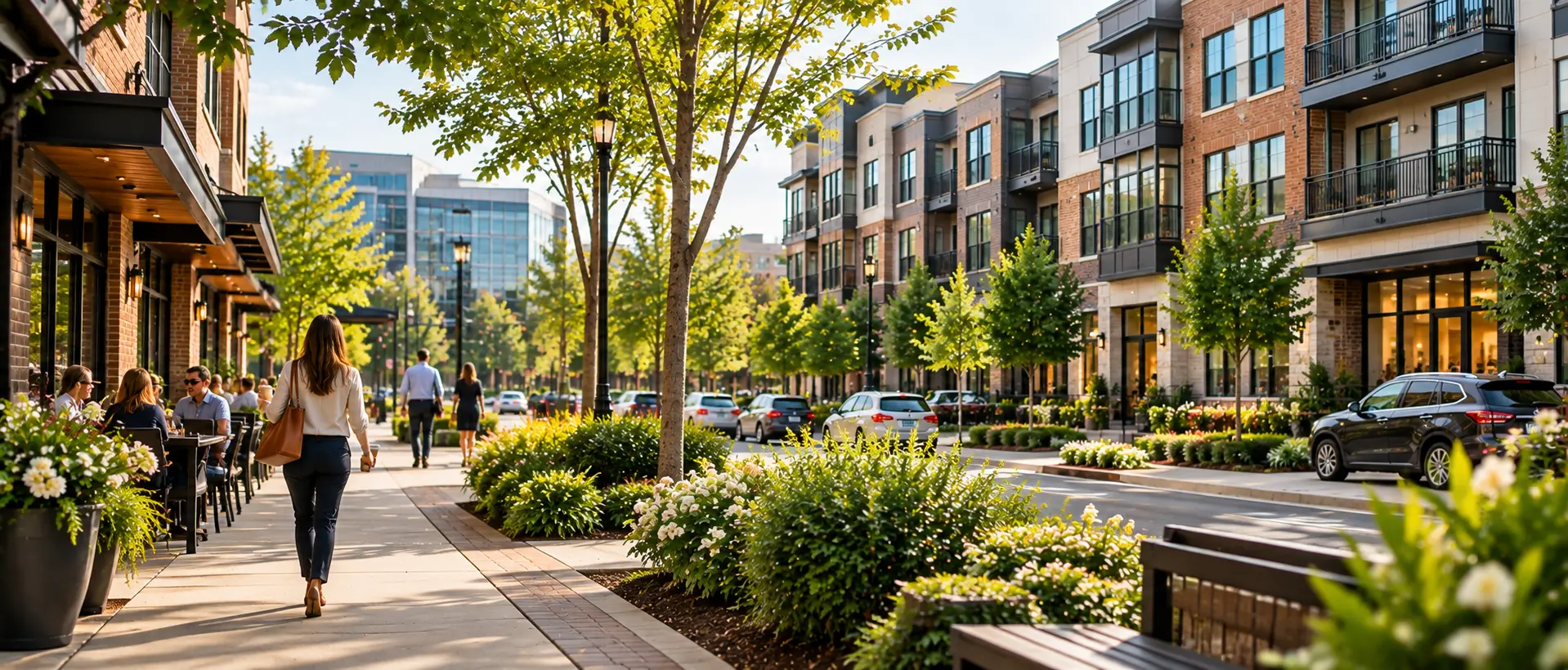 A woman walking through a neighborhood of local cafés, workplaces and apartment homes