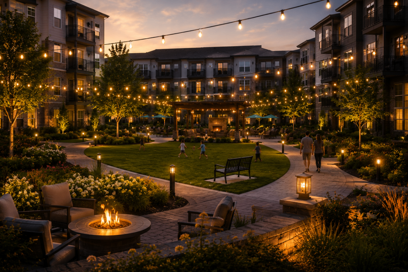 Residents gathered around a fire pit under string lights in a courtyard at blue hour.