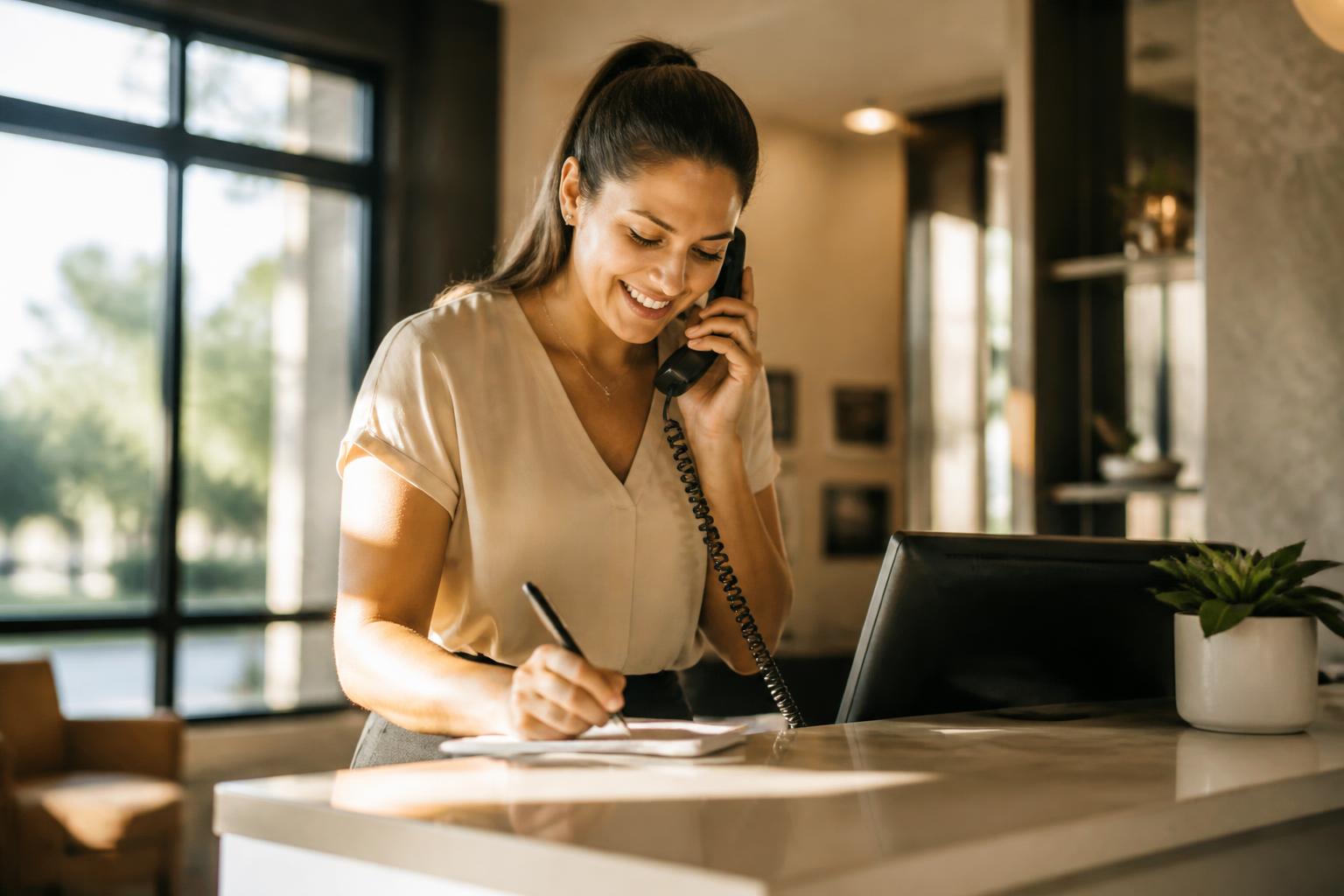 A leasing professional smiling on the phone at the front desk, taking a note by hand.