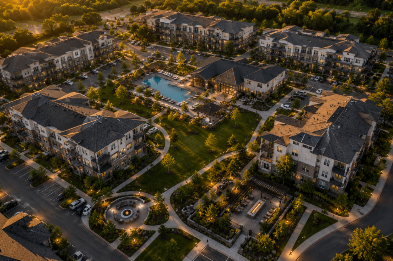 An aerial view across a Charlotte apartment community at dusk — courtyards, pool, and rooftops.