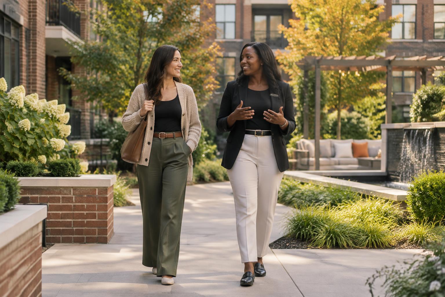 A prospective renter and onsite professional walking together through a Charlotte apartment community courtyard