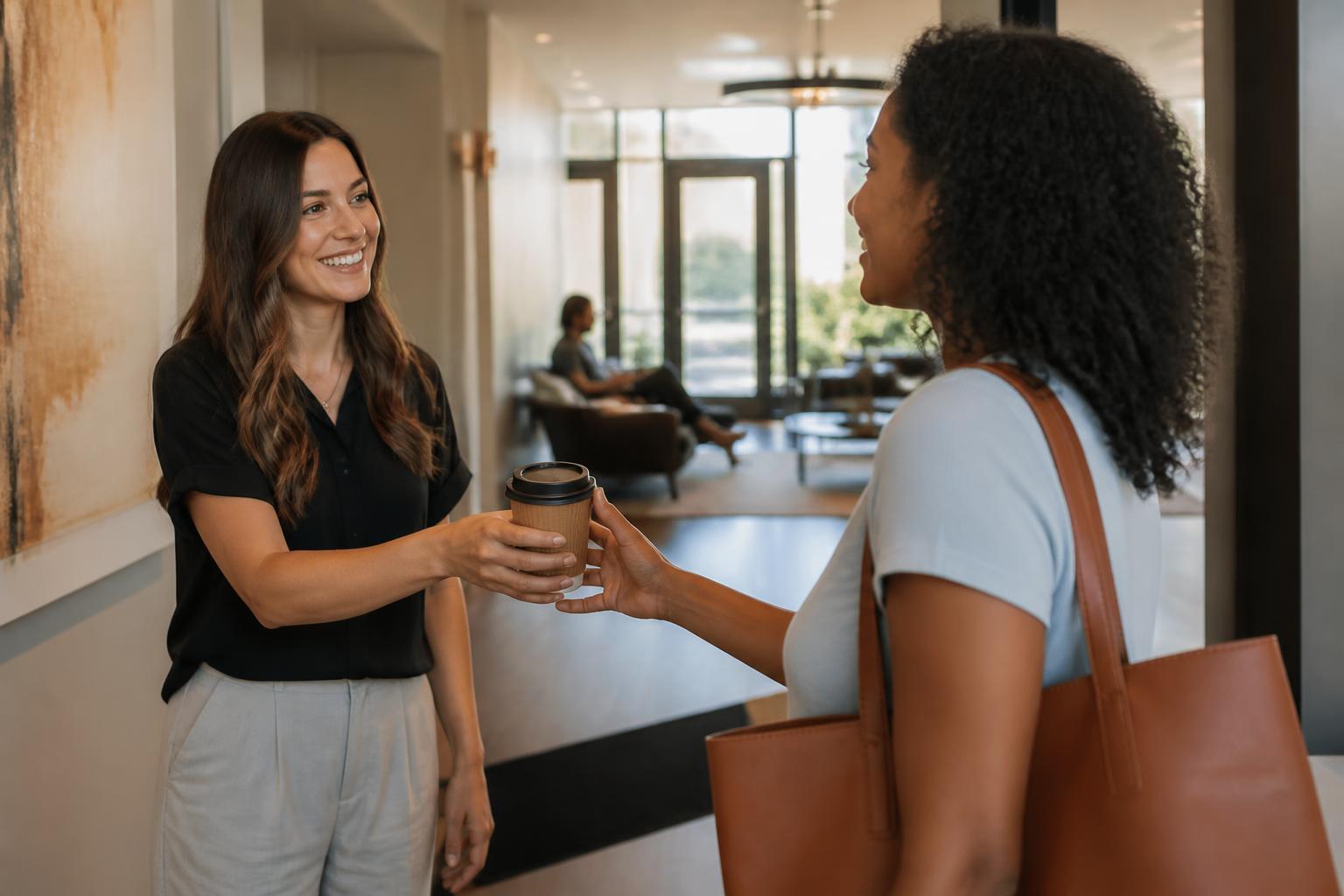 A leasing associate handing a fresh cup of coffee to a visitor arriving in the clubhouse lobby.