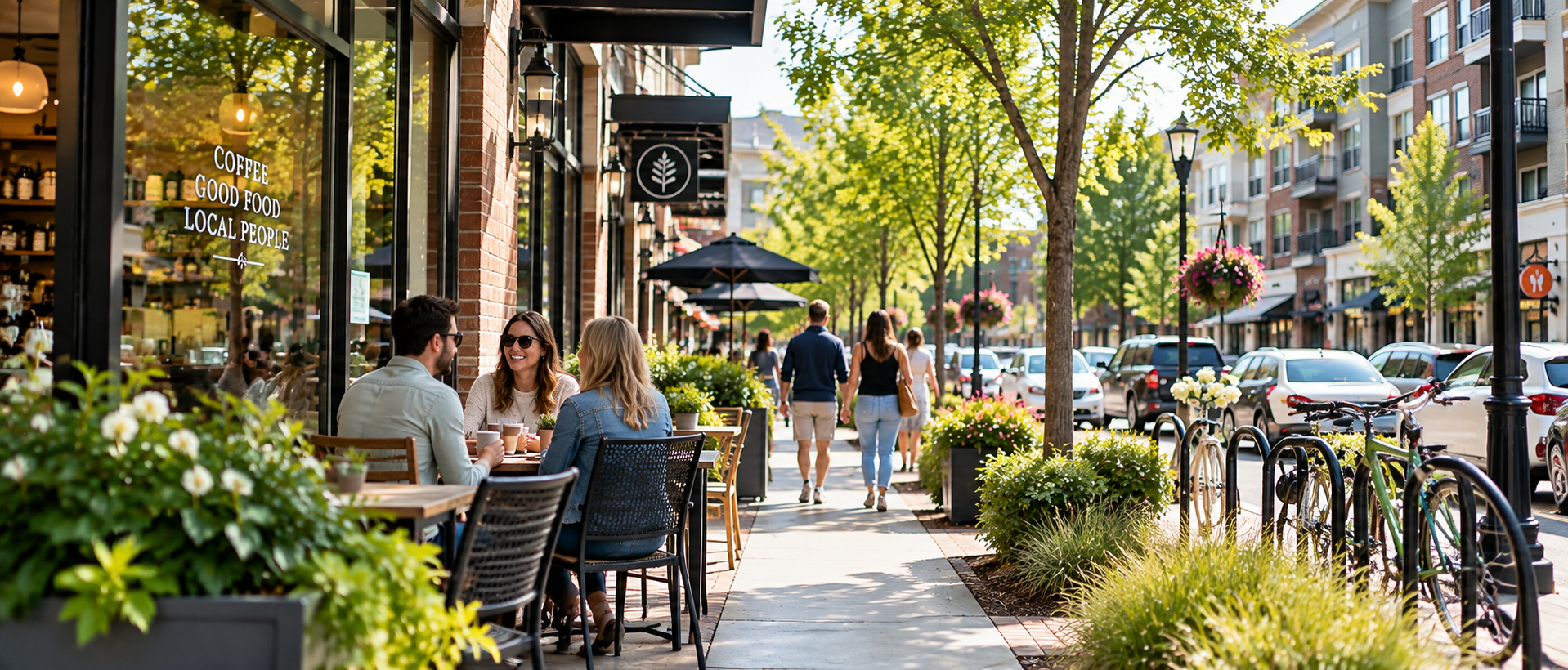 A busy neighborhood sidewalk of cafés, shops and apartment homes, with neighbors walking and dining outdoors
