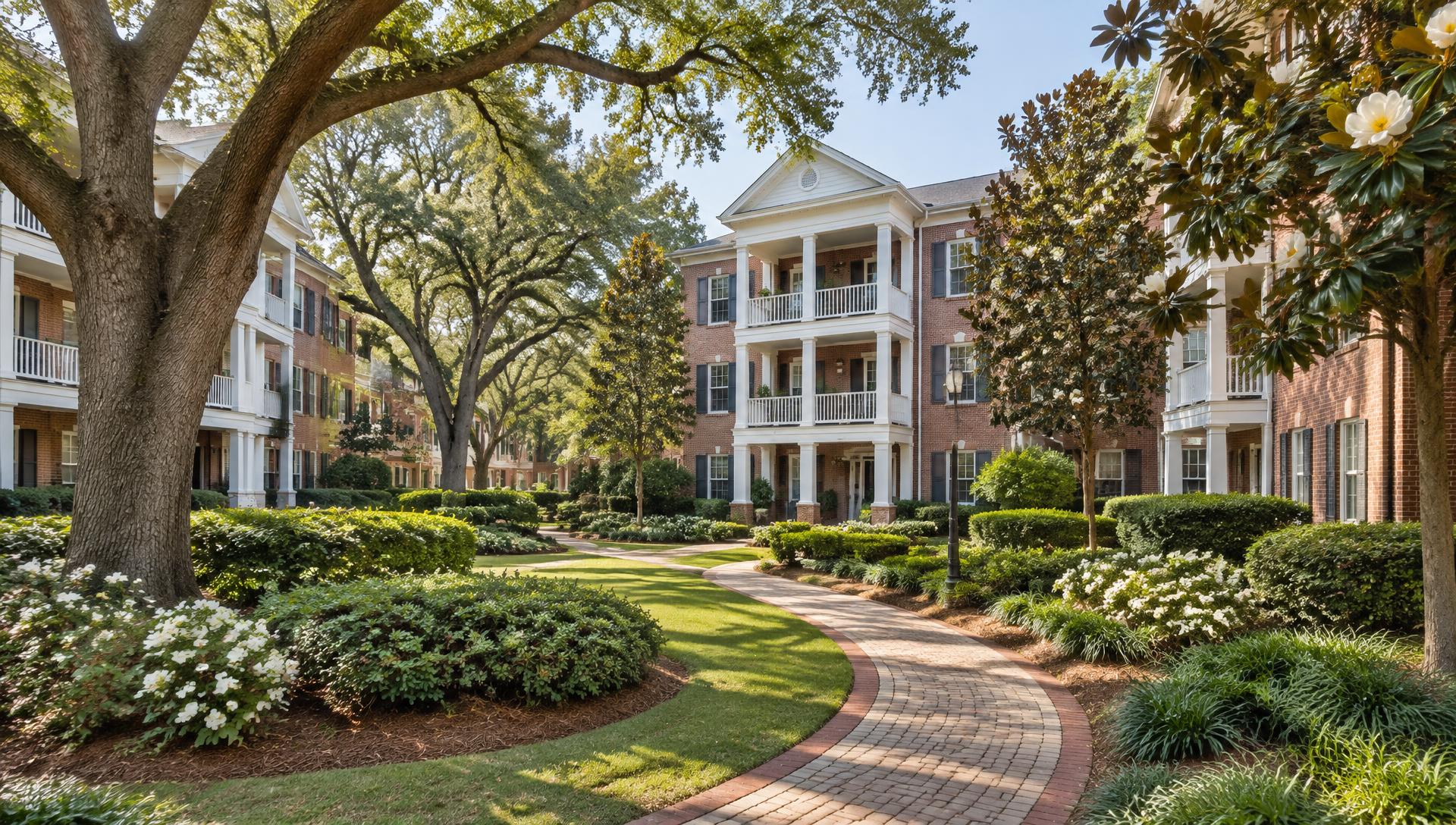 Brick garden-style apartment buildings beneath mature oaks and magnolias, with a curving brick walkway through landscaped grounds