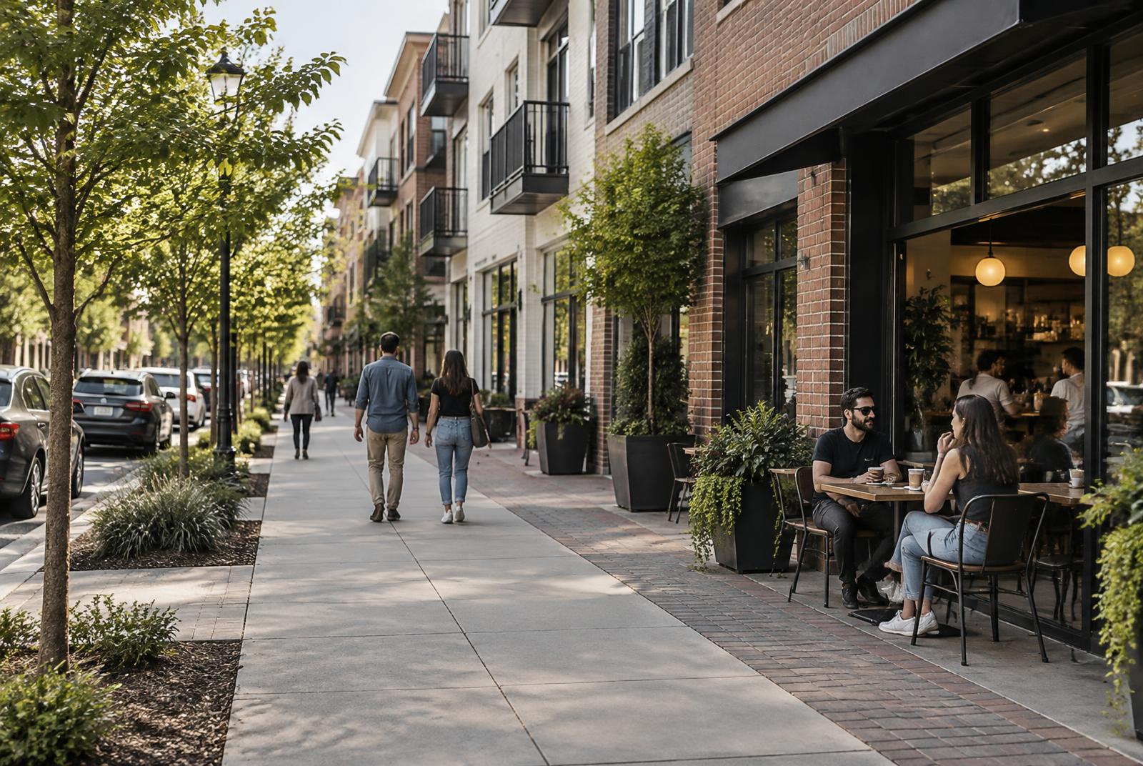 A tree-lined neighborhood sidewalk with brick apartment buildings above a café, where people walk and two friends sit at an outdoor table
