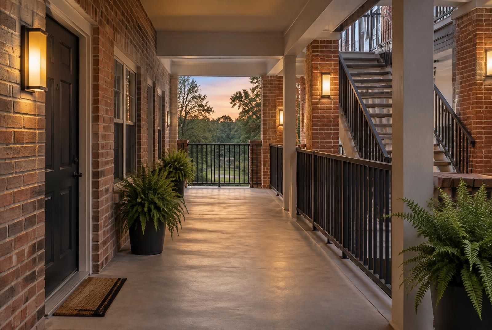 A clean open-air brick breezeway lit by warm wall sconces at dusk, with potted ferns and dark railings