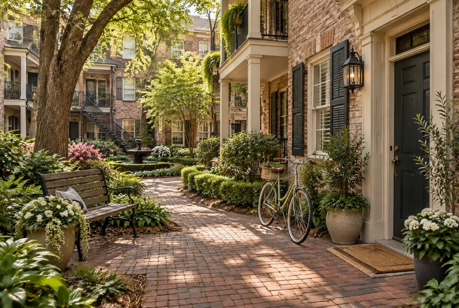A brick-paved apartment courtyard with a bench, potted hydrangeas and a bicycle resting beside a front door