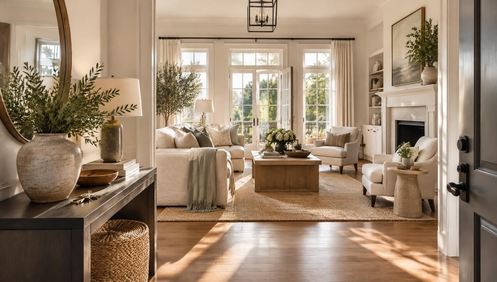 A light-filled apartment entry and living room with linen furniture, greenery and a set of keys on an entry console in warm morning sun